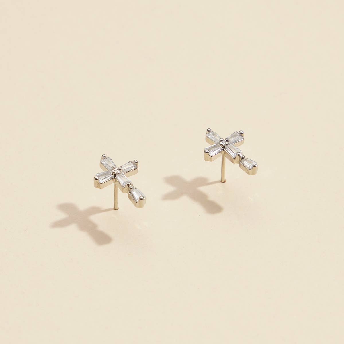 Silver Cross Stud Earrings with Crystals