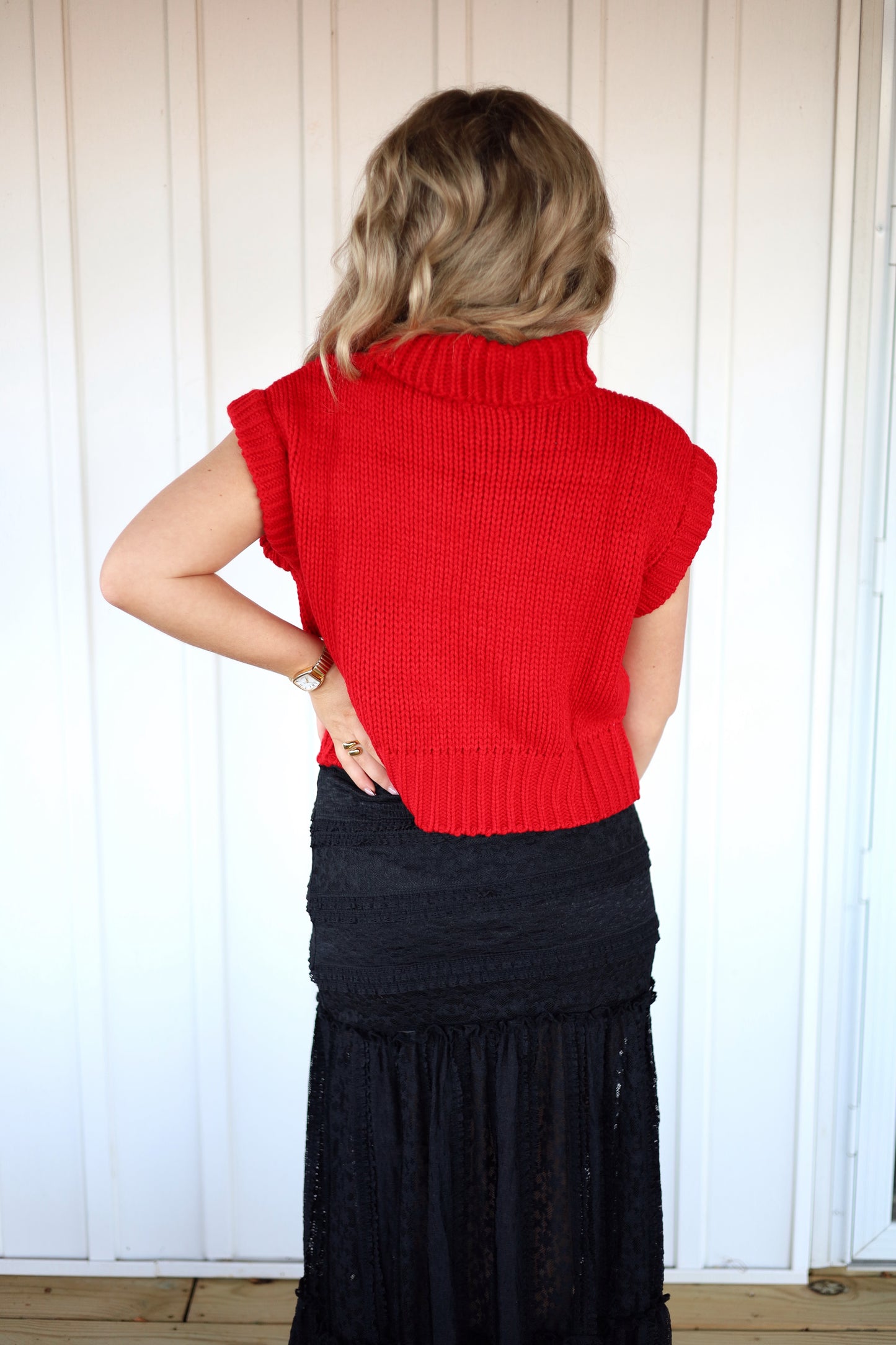 Sleeveless Cropped Turtle Neck Knit Sweater- Red