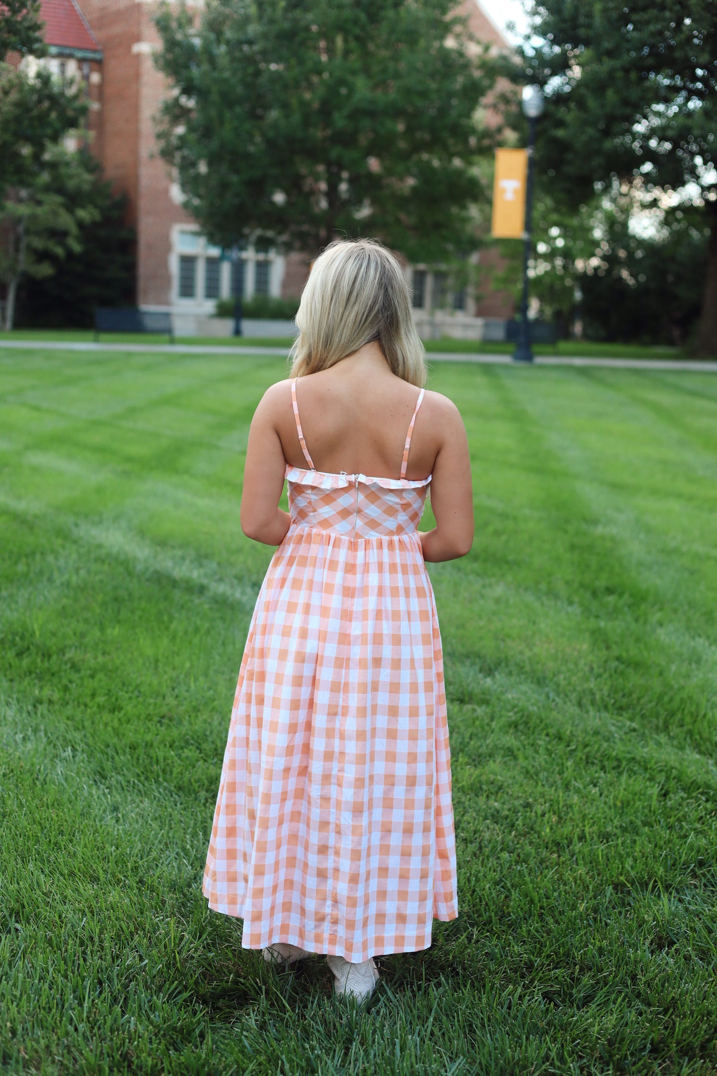 Orange Gingham Ruffle Midi Dress