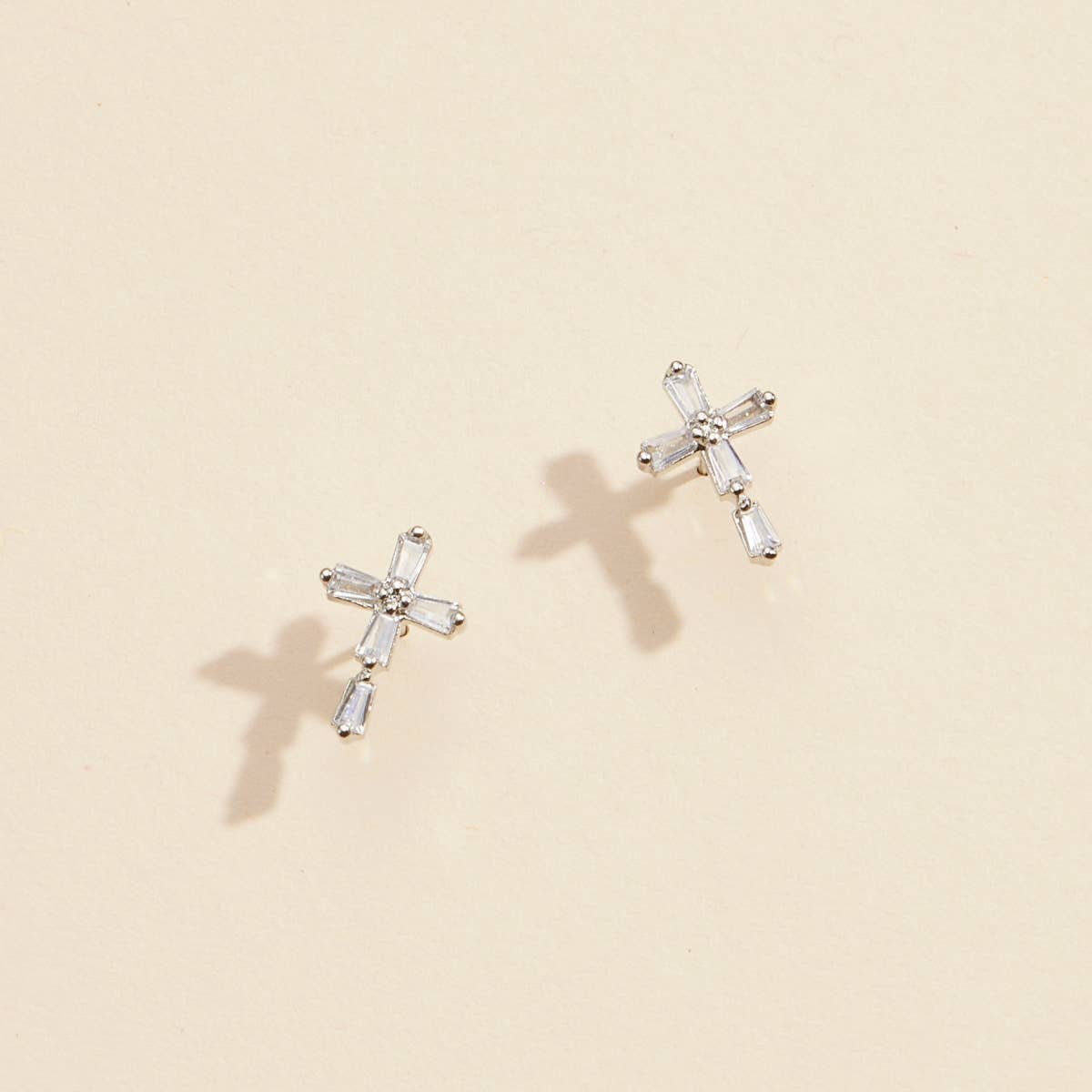 Silver Cross Stud Earrings with Crystals