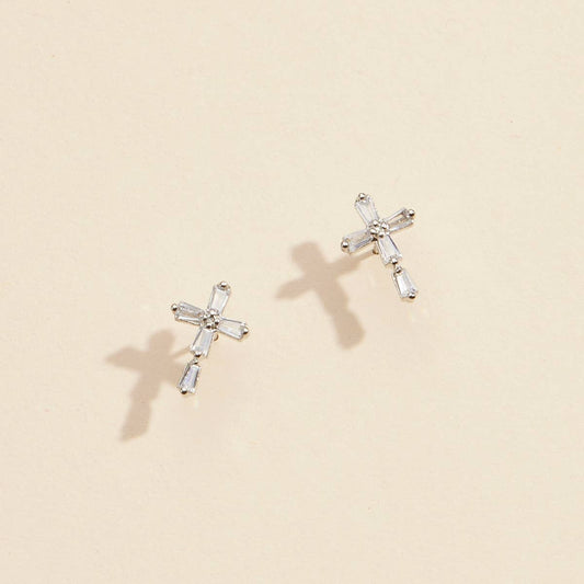 Silver Cross Stud Earrings with Crystals