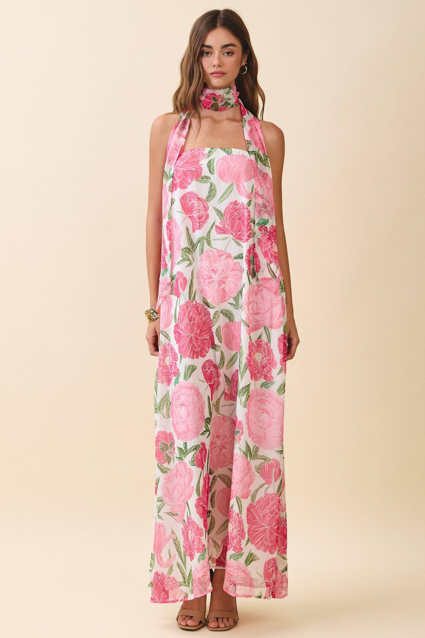 Adeline  Maxi Dress w/ Scarf-PINK