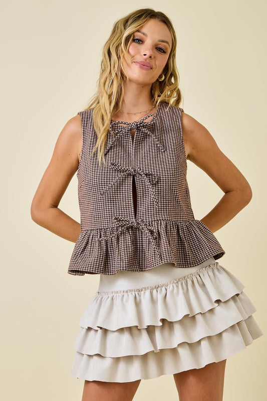 Sleeveless Checkered Top W/ Front Tie Bows