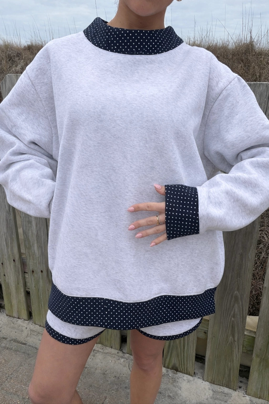 Pearl Grey Navy Blue Polka Dot Mockneck Sweatshirt