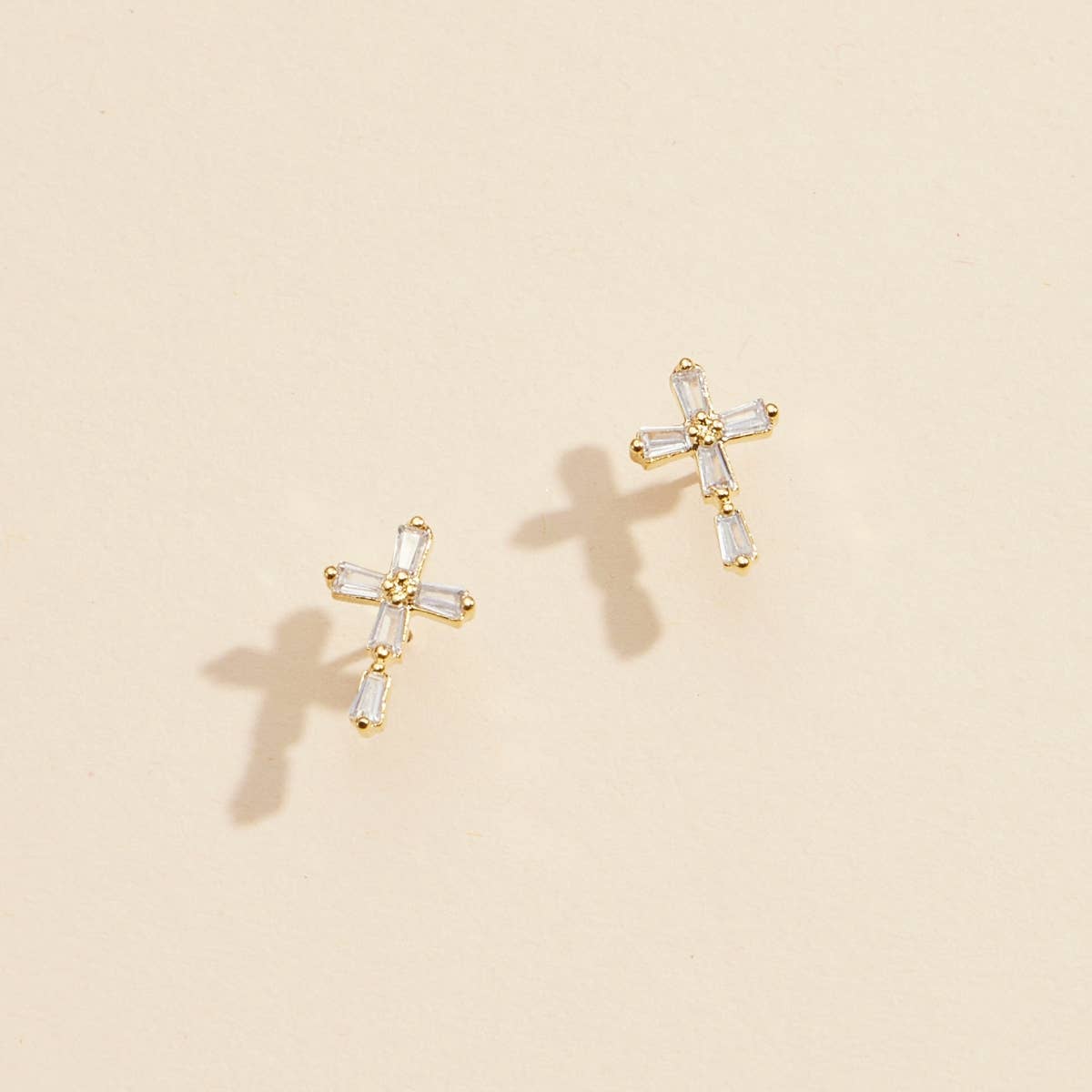 Gold Cross Stud Earrings with Crystals