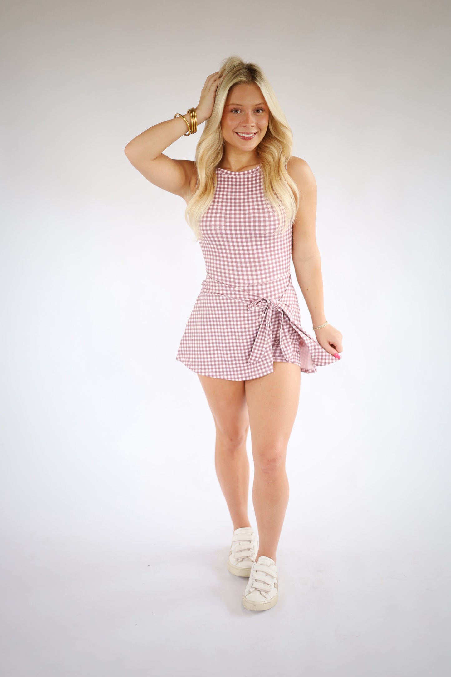 Gingham Print Wrap Athletic Dress-MAUVE