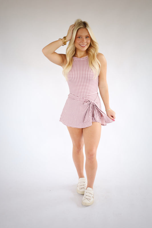 Gingham Print Wrap Athletic Dress-MAUVE