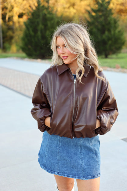 Bri Cropped Brown Leather Jacket