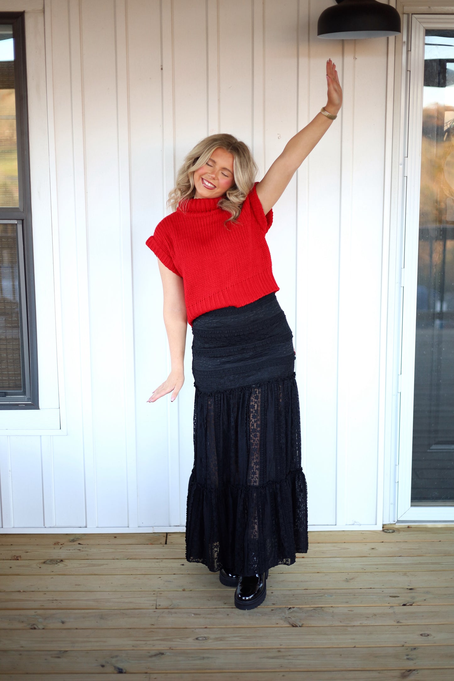 Sleeveless Cropped Turtle Neck Knit Sweater- Red