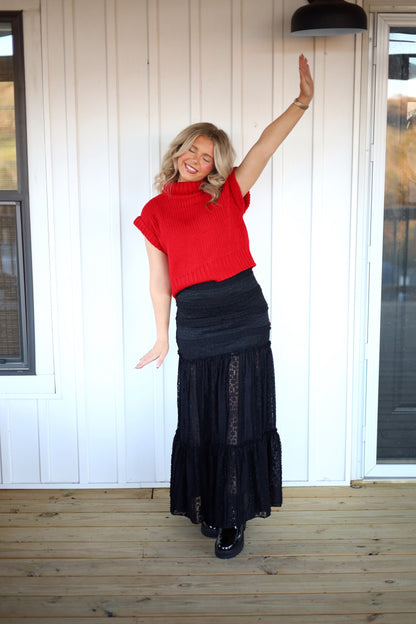 Sleeveless Cropped Turtle Neck Knit Sweater- Red