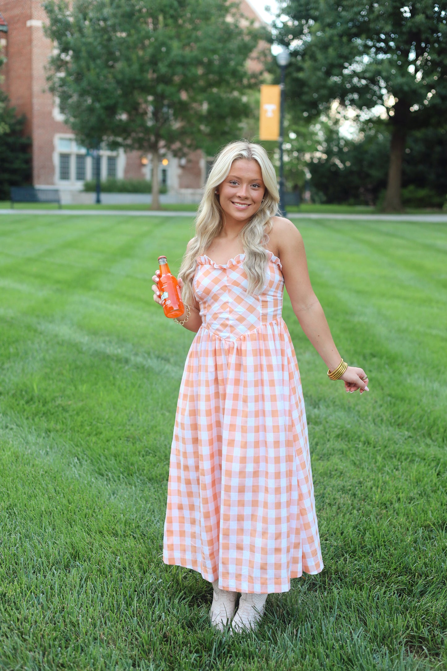 Orange Gingham Ruffle Midi Dress