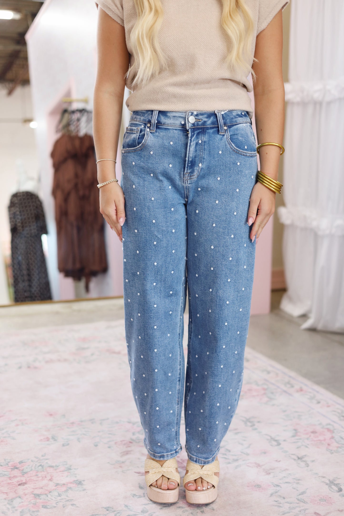 Risen High Rise Crop Polka Dot Barrel Jeans