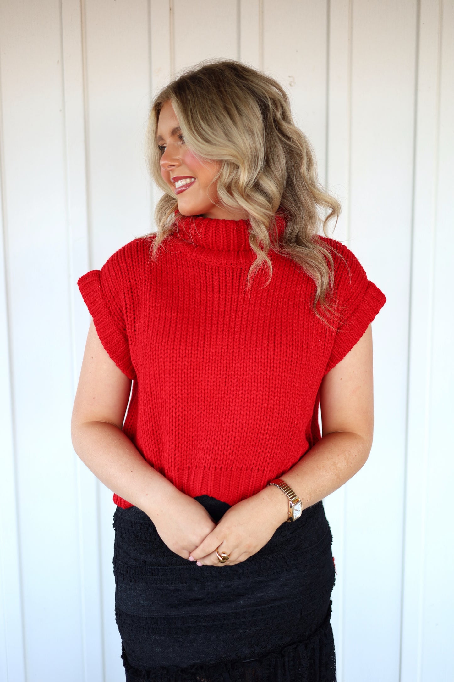 Sleeveless Cropped Turtle Neck Knit Sweater- Red