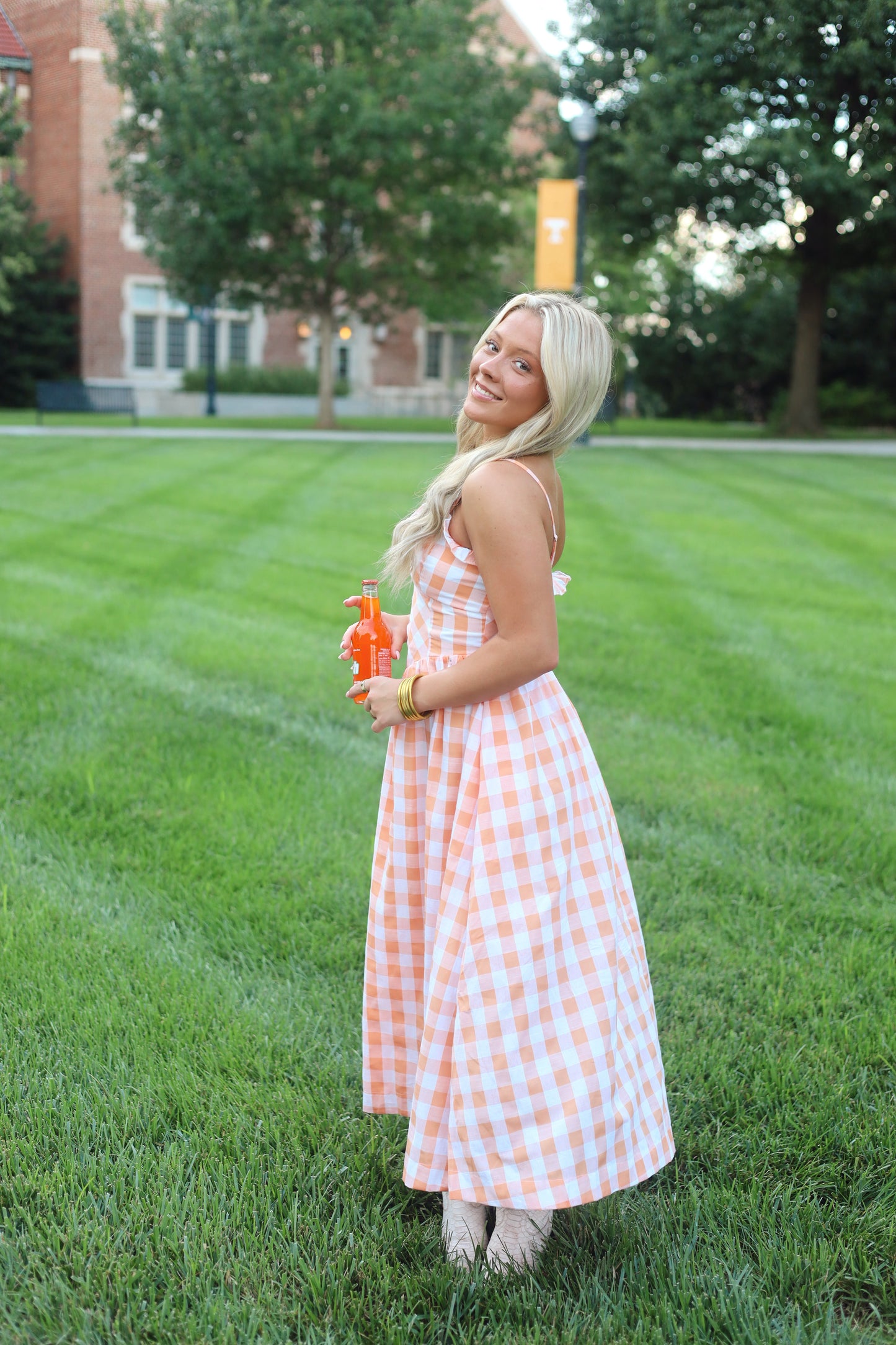 Orange Gingham Ruffle Midi Dress