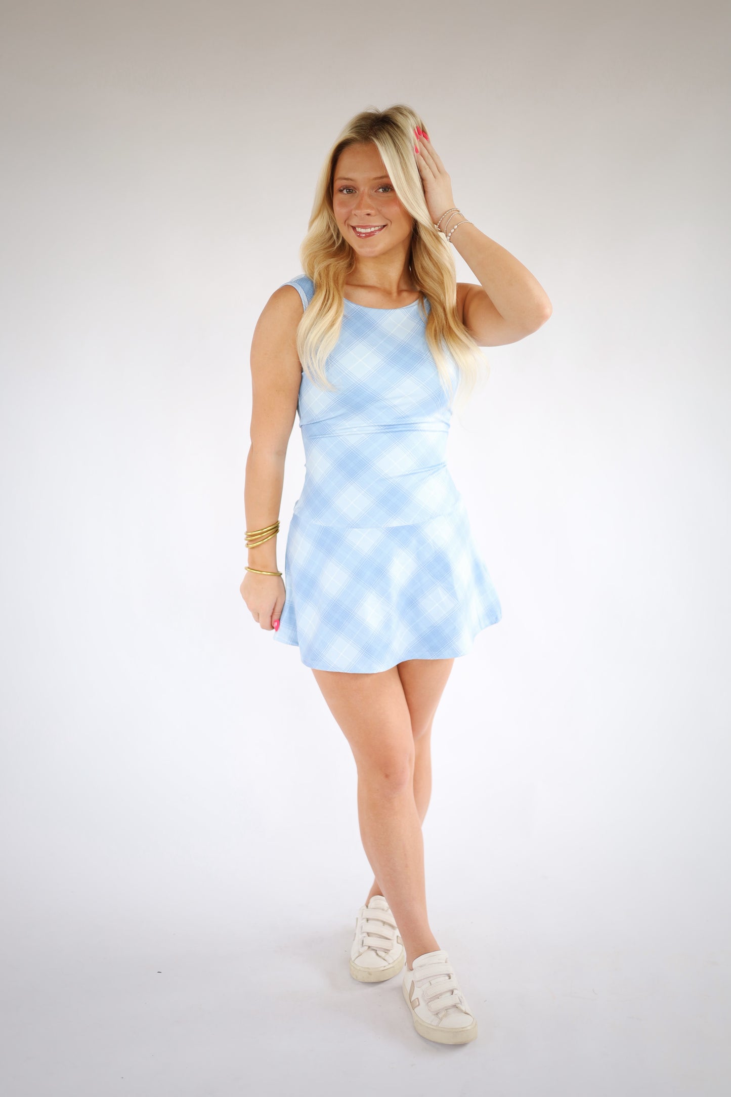Plaid Drop Waist Athletic Dress- DUSTY BLUE