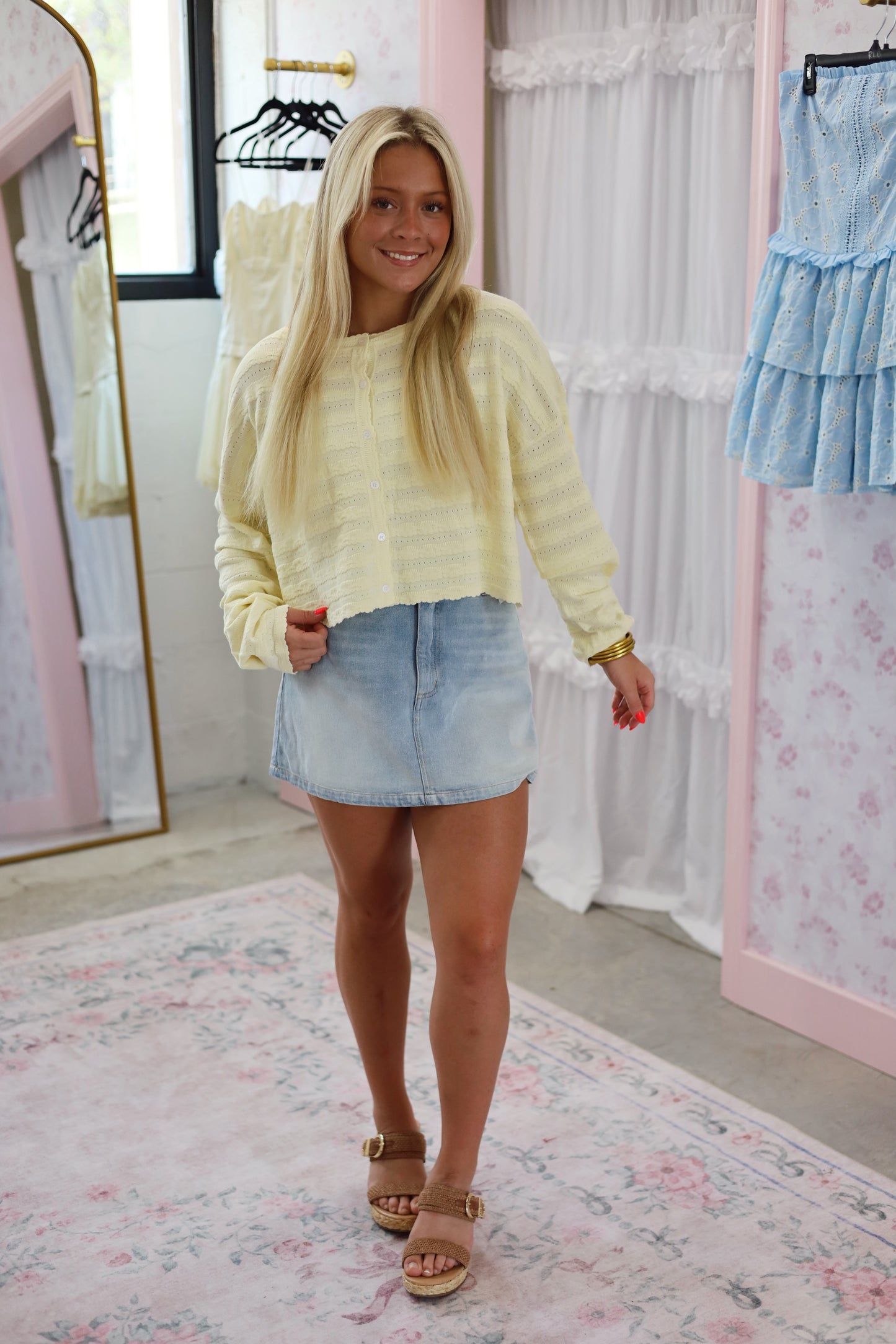 Scalloped Pointelle Cardigan- YELLOW