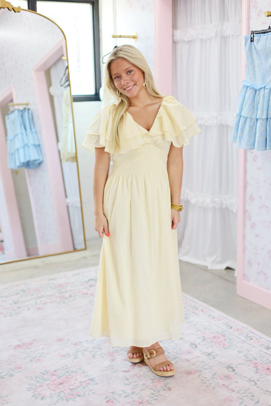 V-Neck Ruffle Sleeve Midi Dress
