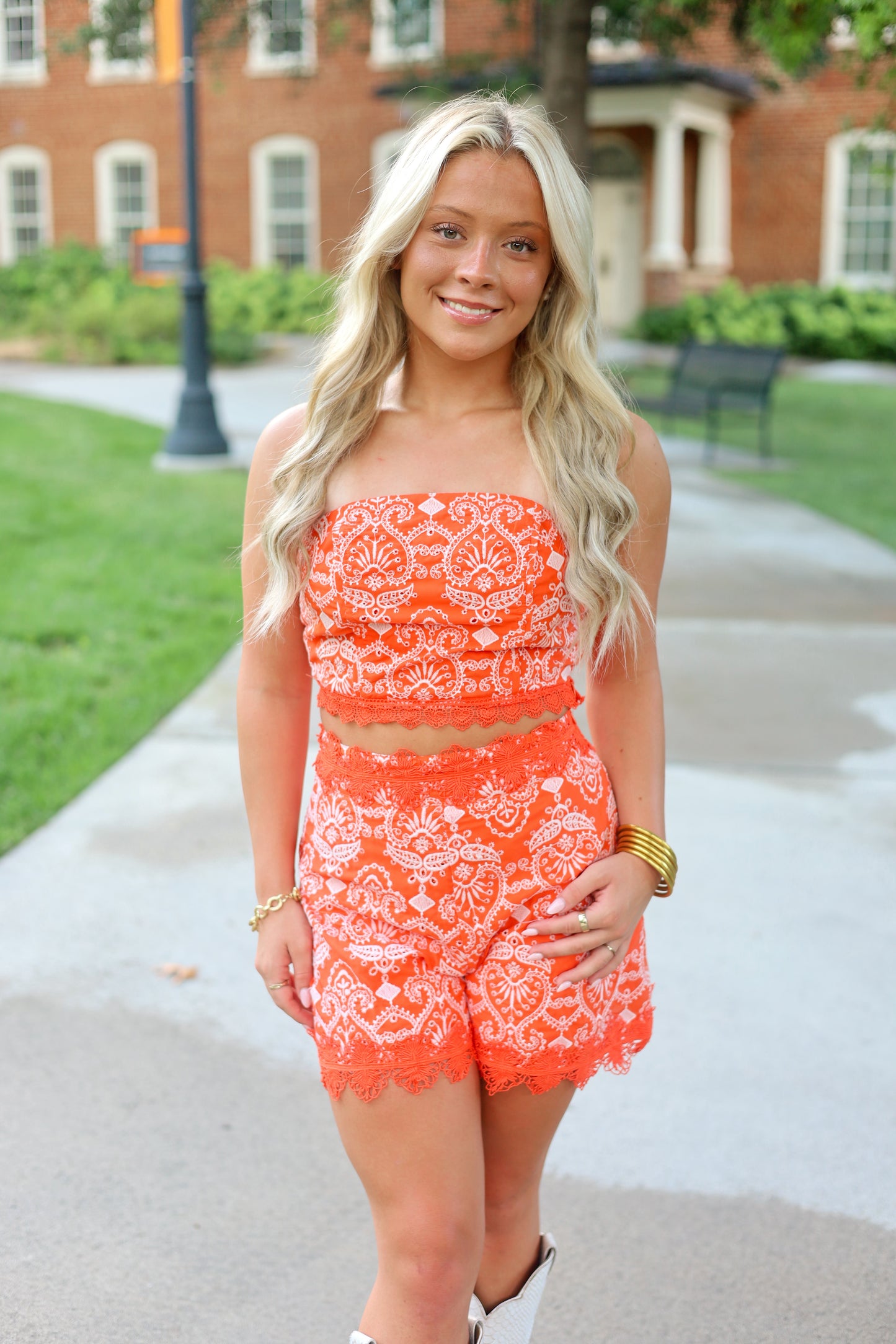 Orange Bloom Embroidered Shorts Set