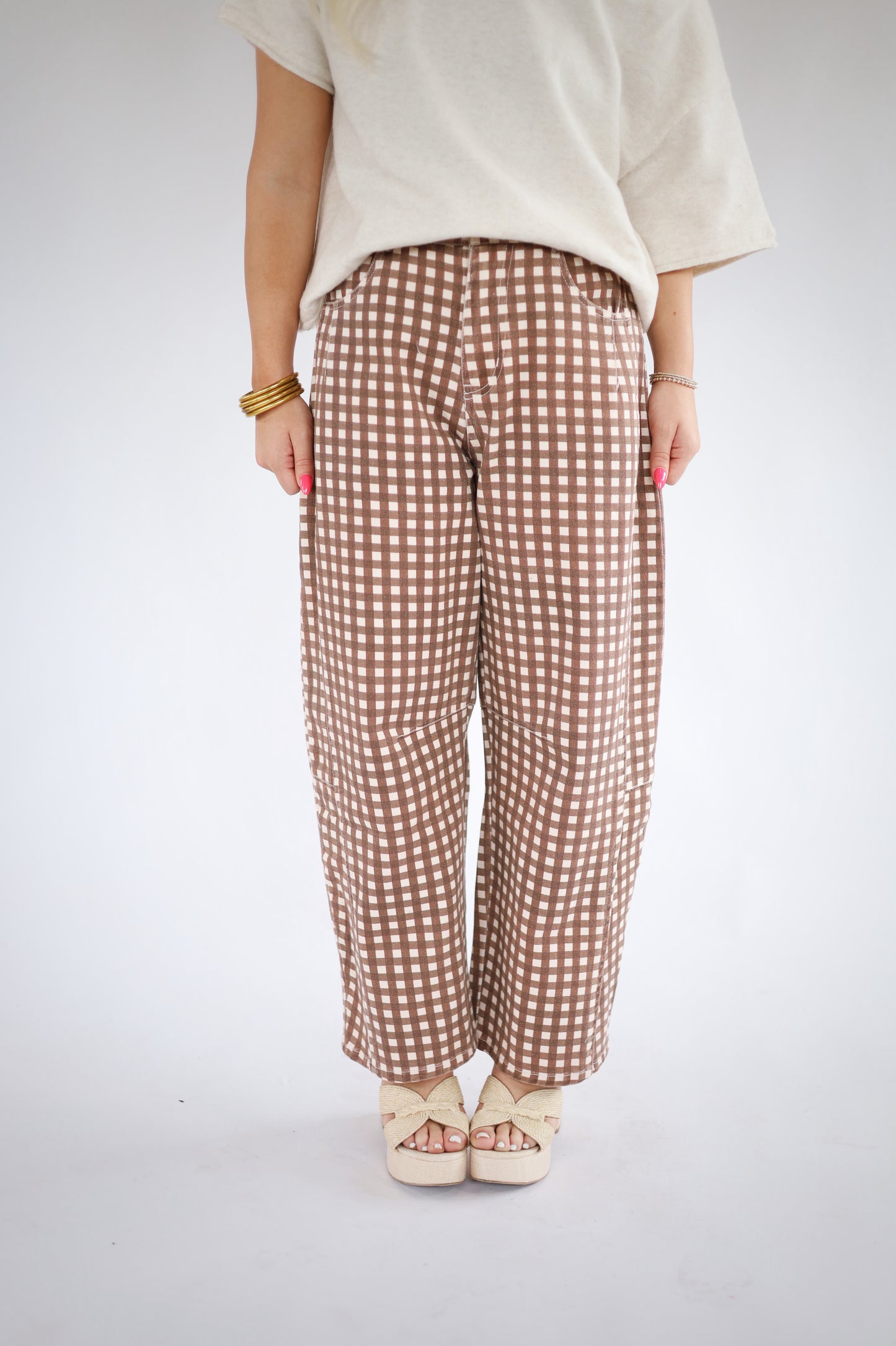Washed Gingham Barrel Pants