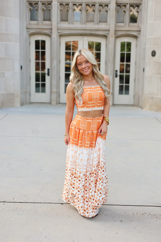 Big Orange Geometric Skirt Set