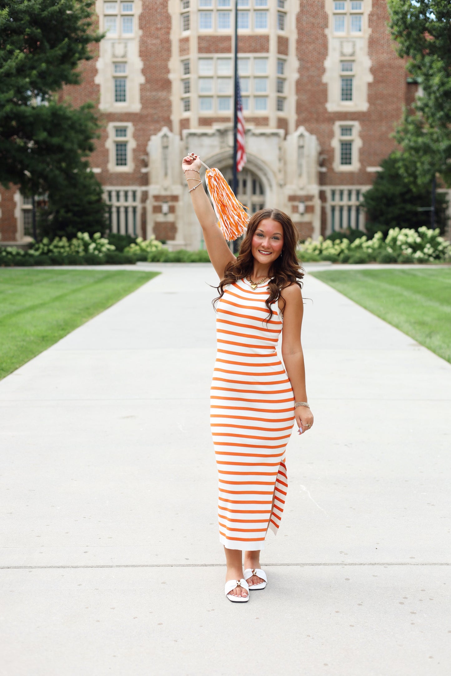 Orange & White Fitted Midi Dress