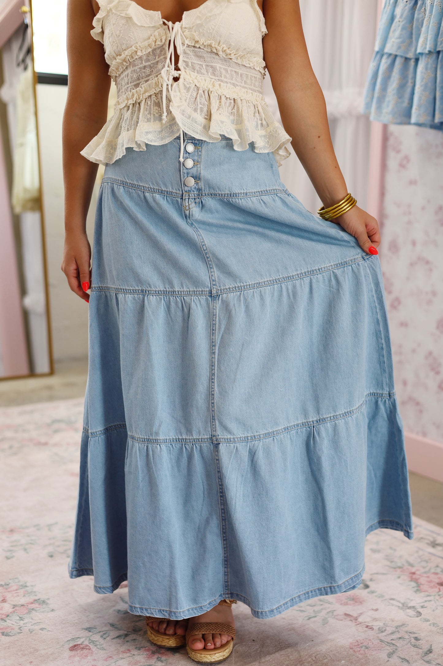 High Rise Ruffle Maxi Skirt