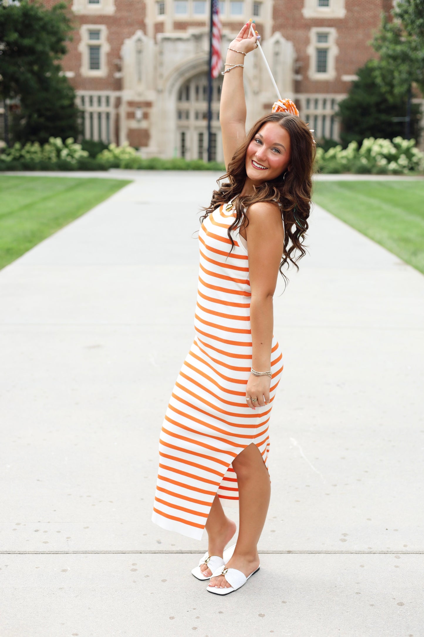 Orange & White Fitted Midi Dress