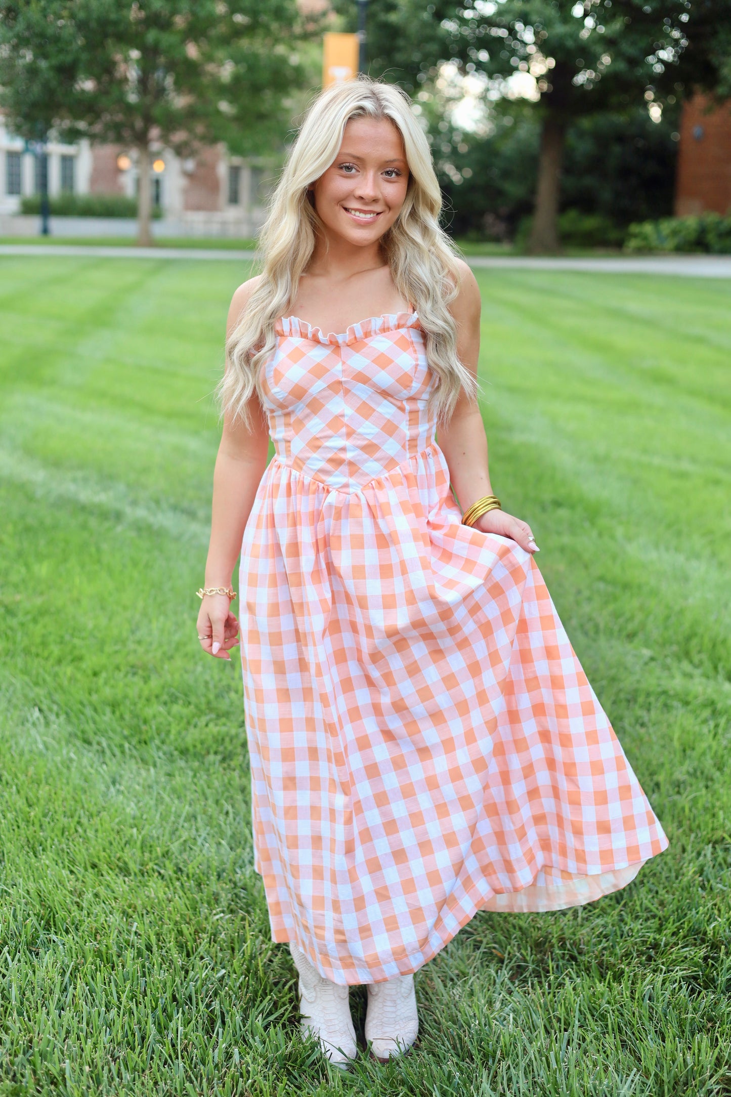Orange Gingham Ruffle Midi Dress