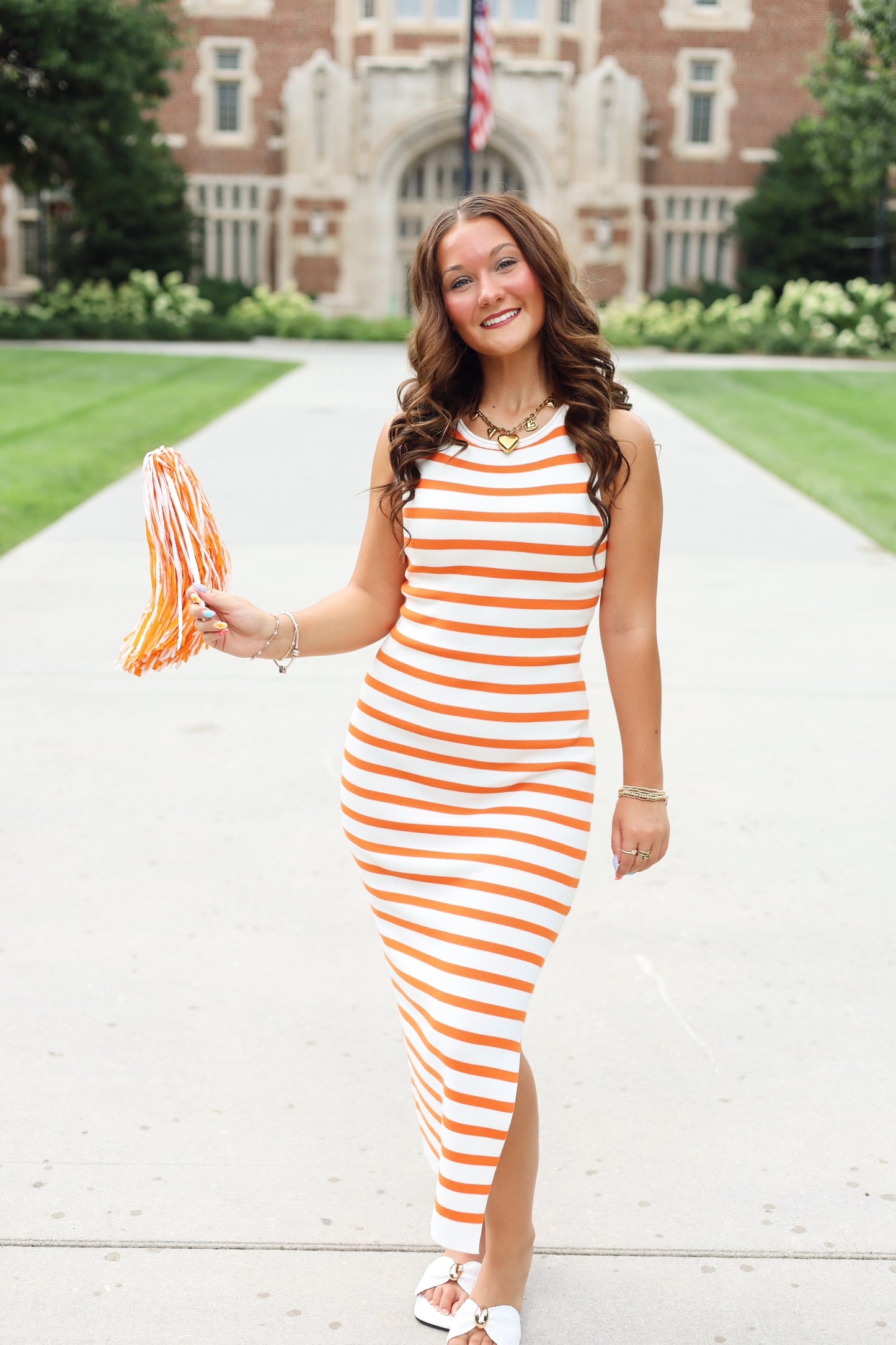 Orange & White Fitted Midi Dress