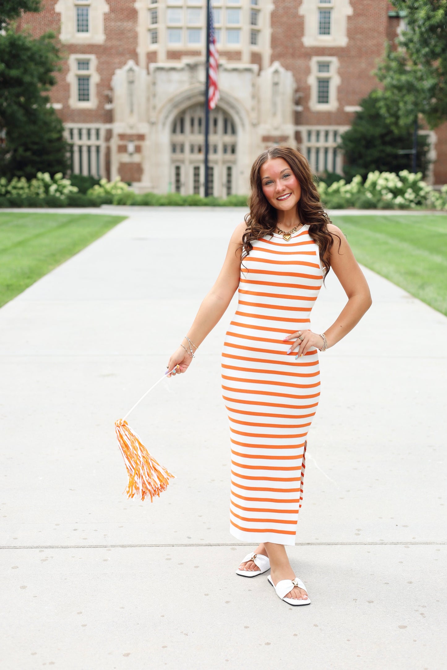Orange & White Fitted Midi Dress