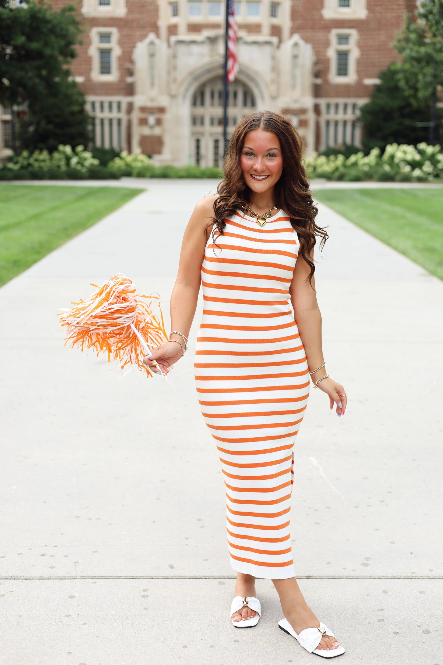 Orange & White Fitted Midi Dress