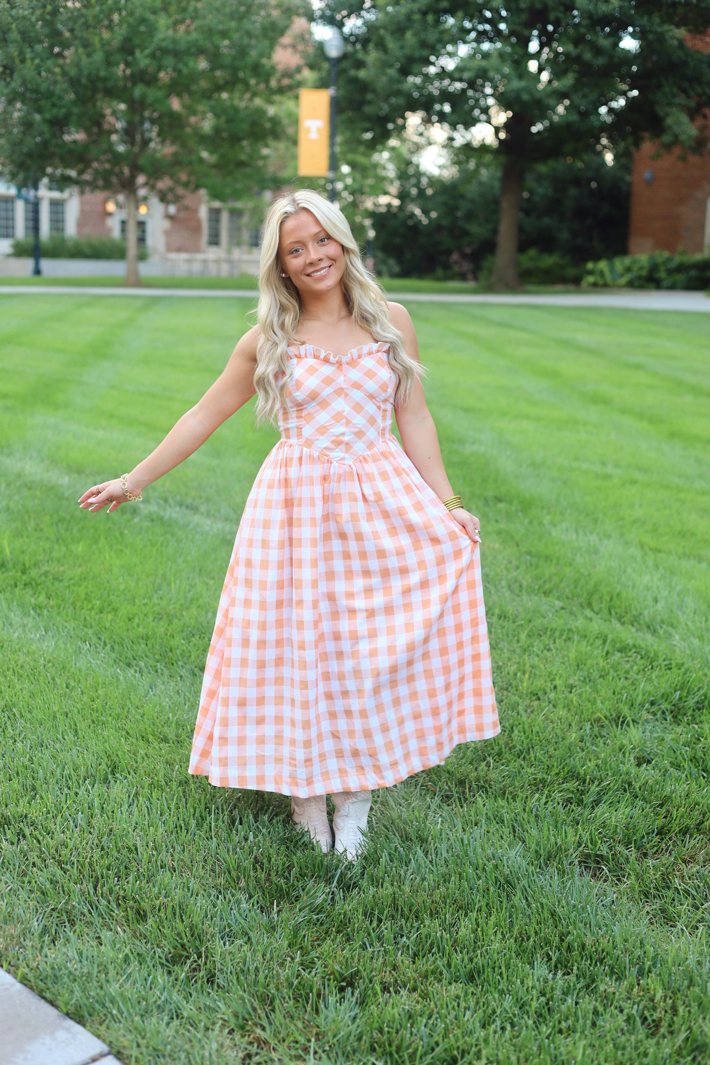 Orange Gingham Ruffle Midi Dress