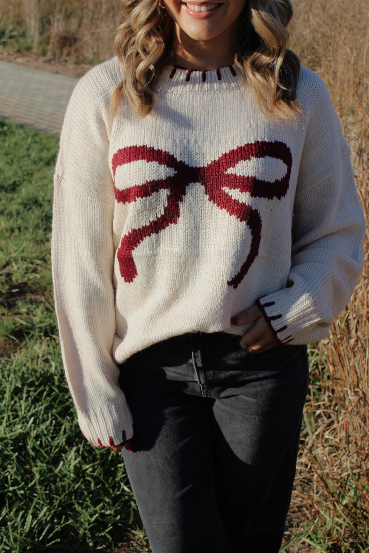 Ribbon Sweater w/ Stitching Hem