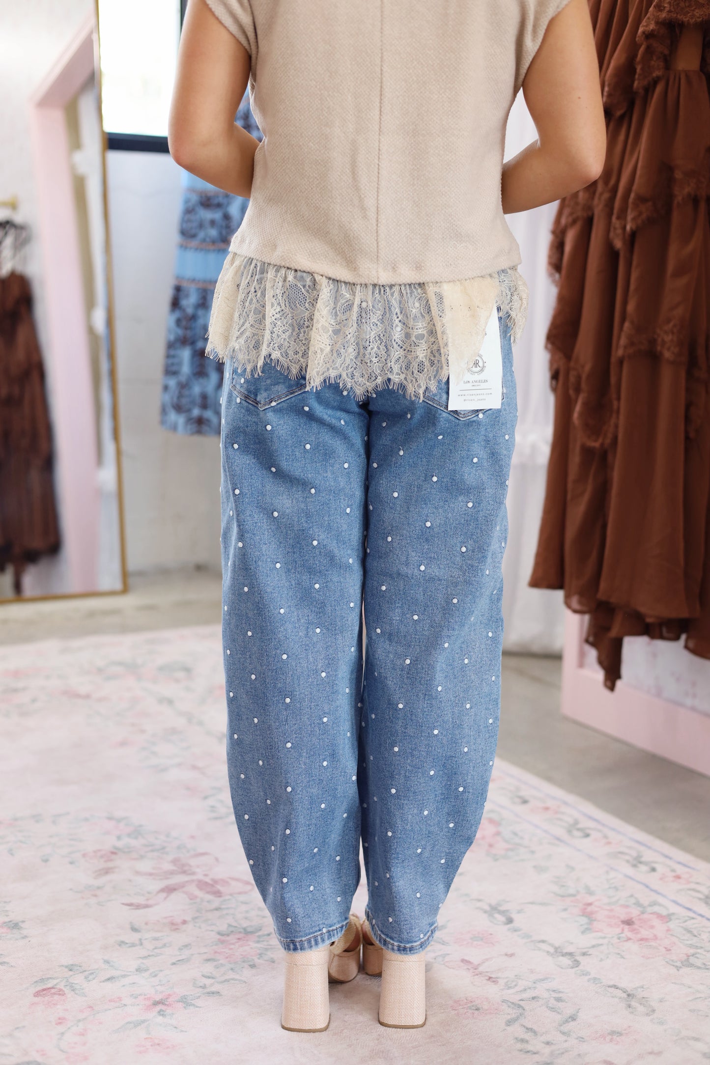 Risen High Rise Crop Polka Dot Barrel Jeans