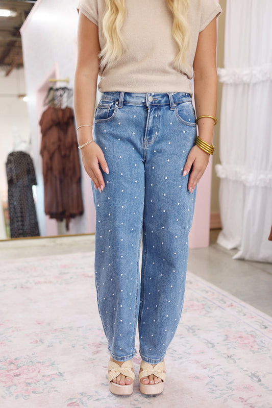Risen High Rise Crop Polka Dot Barrel Jeans