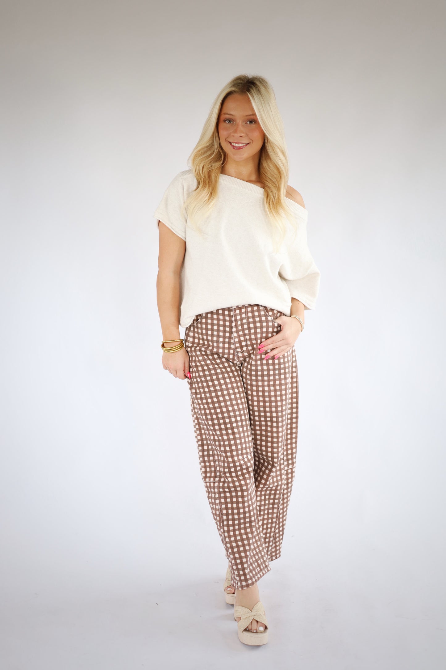 Washed Gingham Barrel Pants