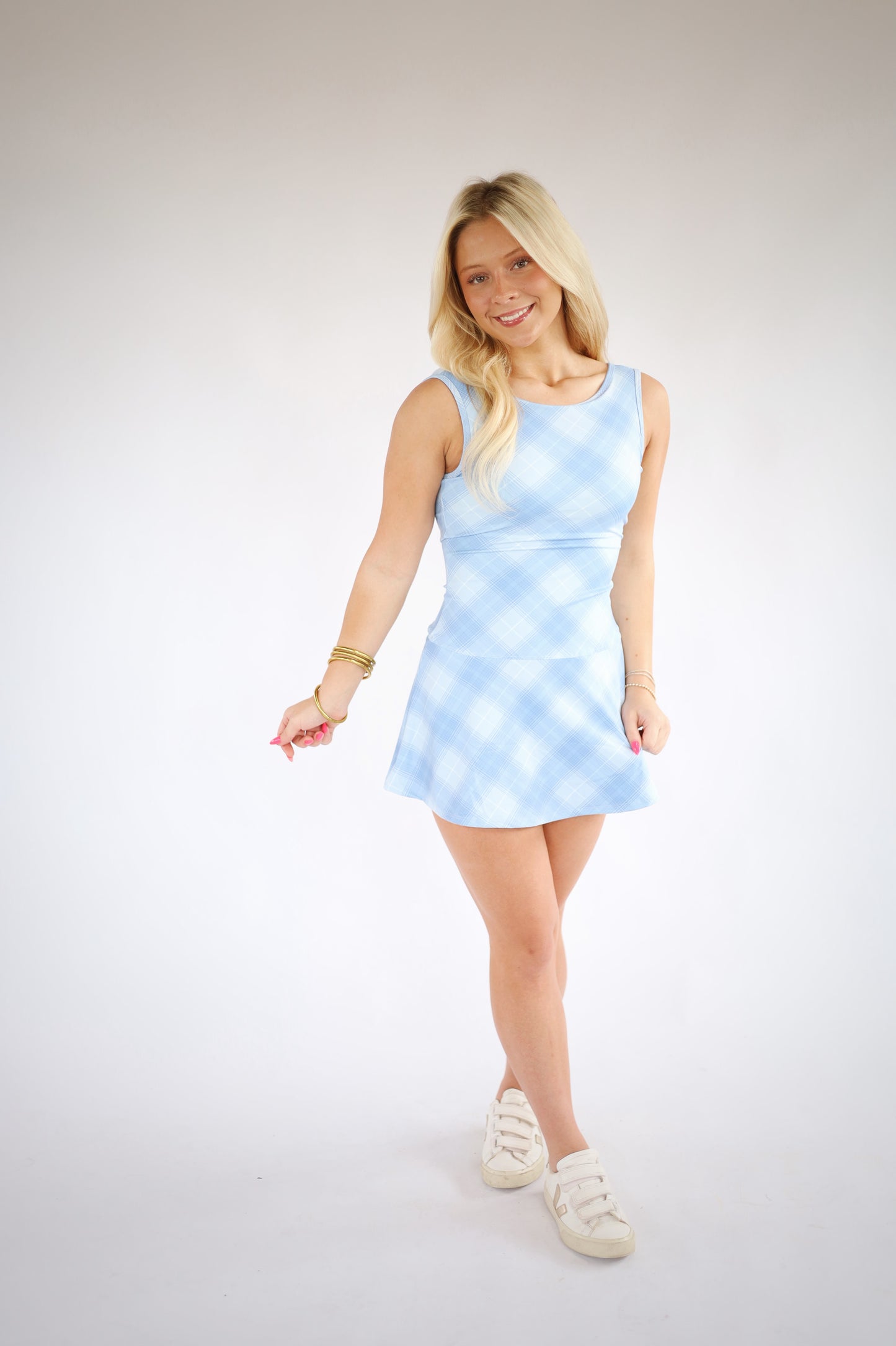 Plaid Drop Waist Athletic Dress- DUSTY BLUE