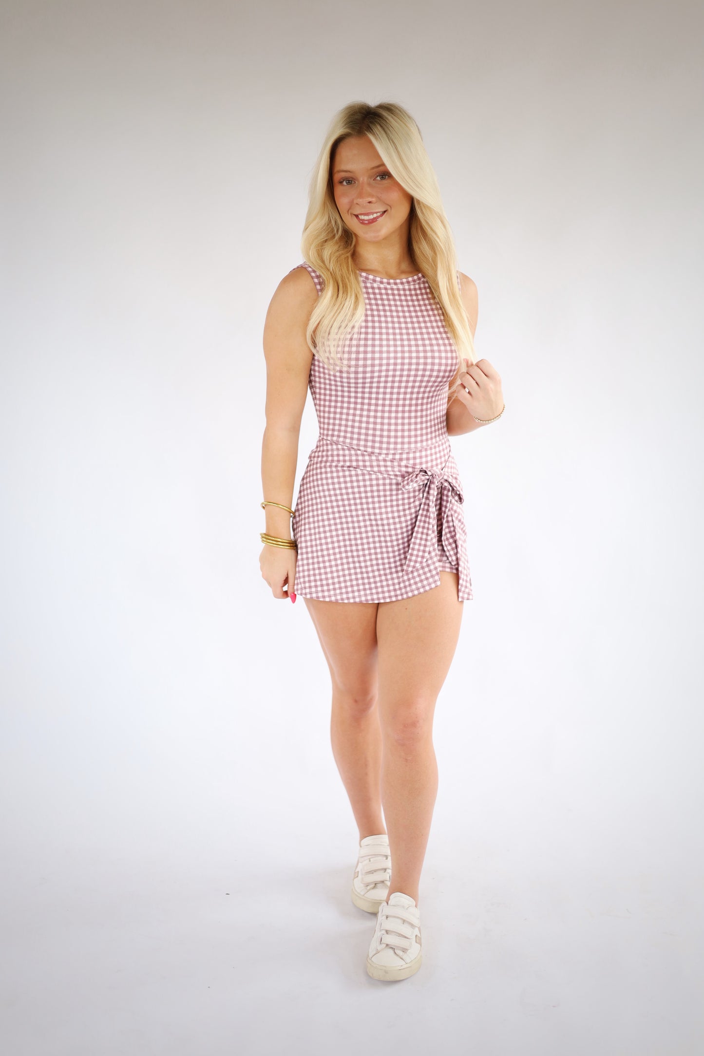 Gingham Print Wrap Athletic Dress-MAUVE