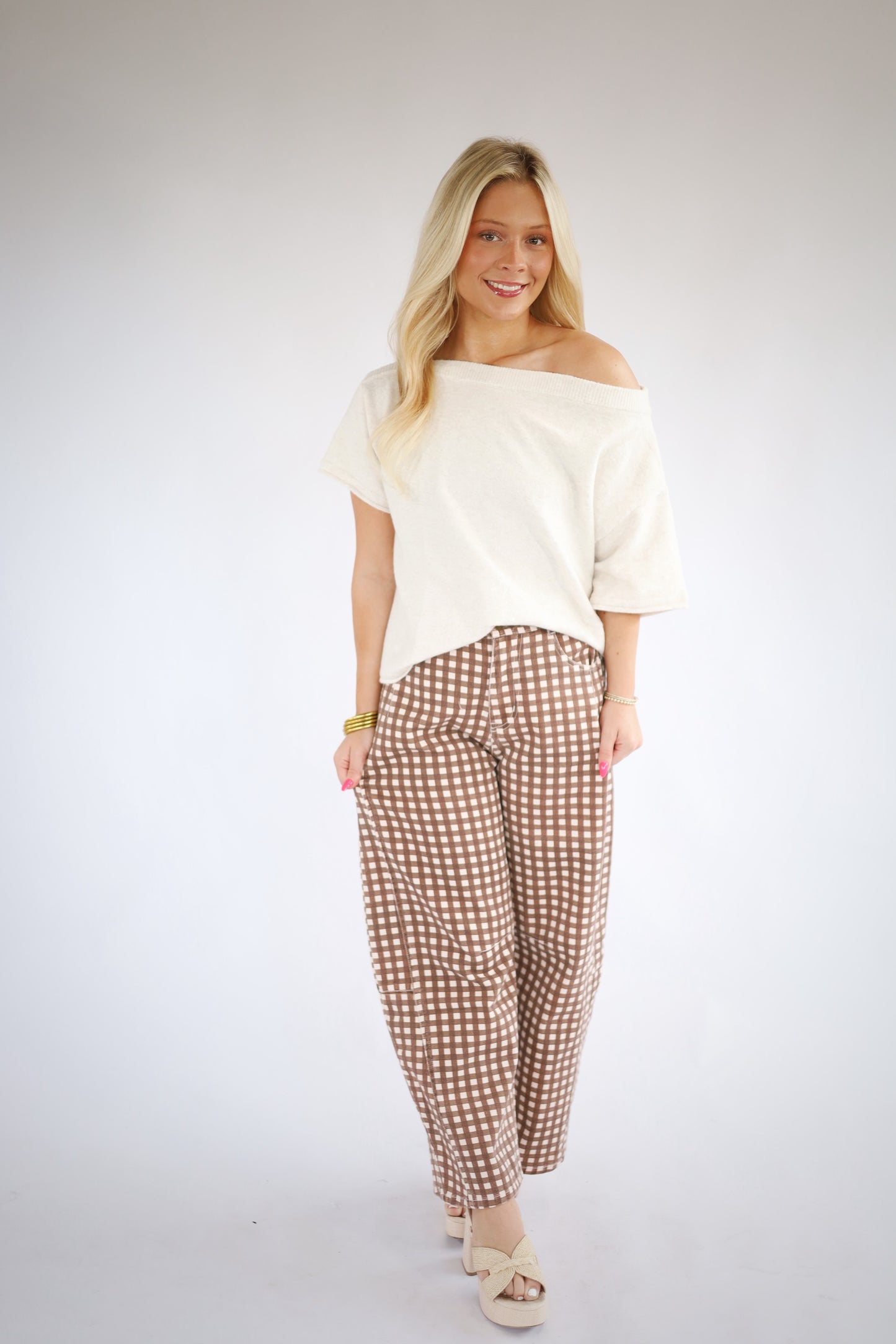 Washed Gingham Barrel Pants