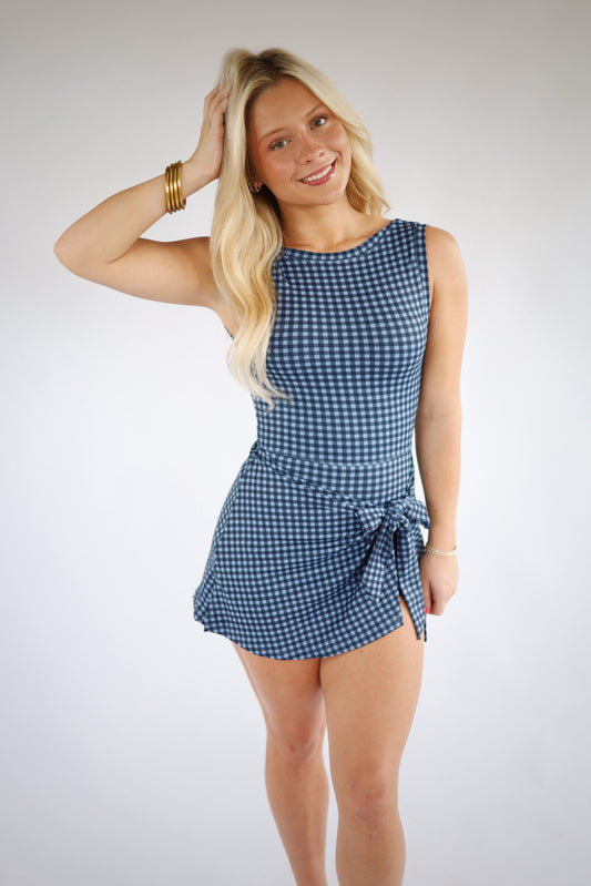 Gingham Print Wrap Athletic Dress-NAVY