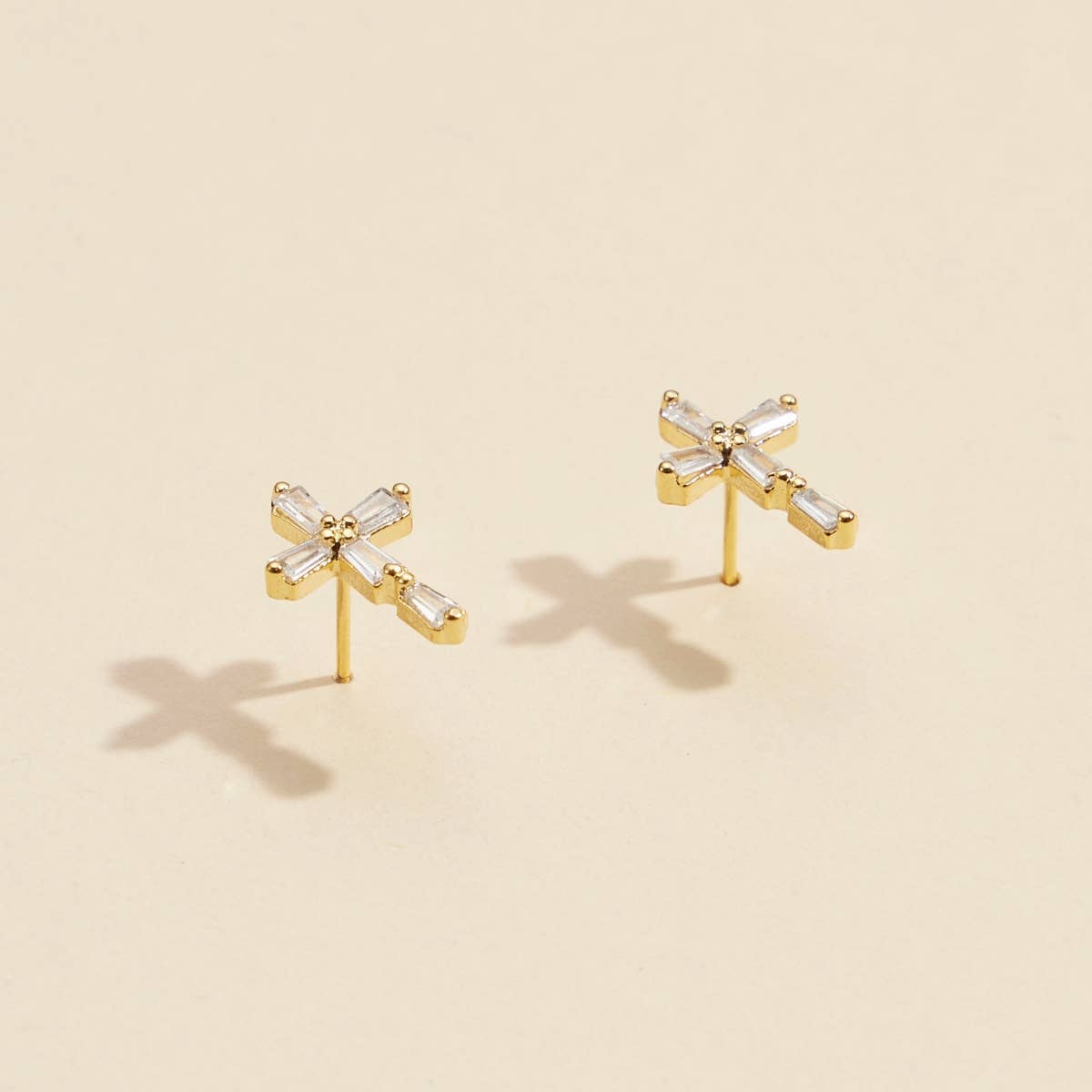 Gold Cross Stud Earrings with Crystals